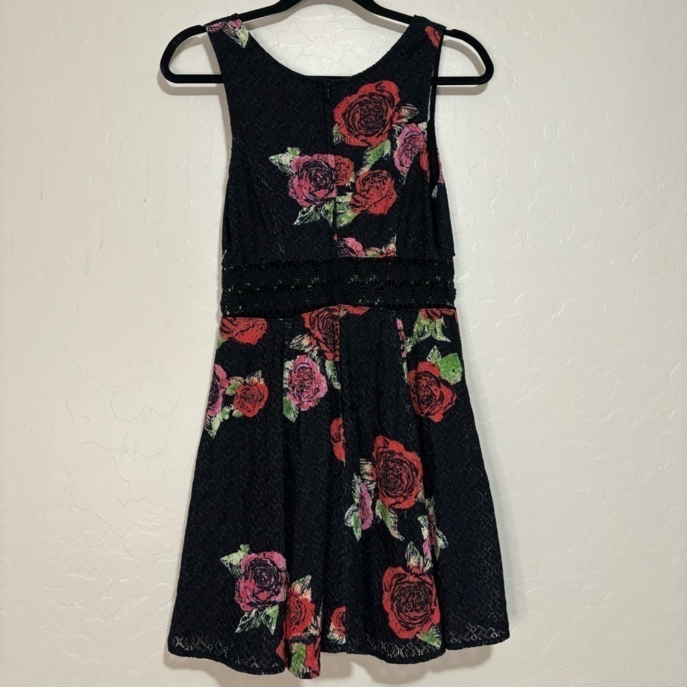 Free People Black Rose Print Fit and Flare Crocheted Daisy Cutout Waist Dress 4 - Picture 8 of 10